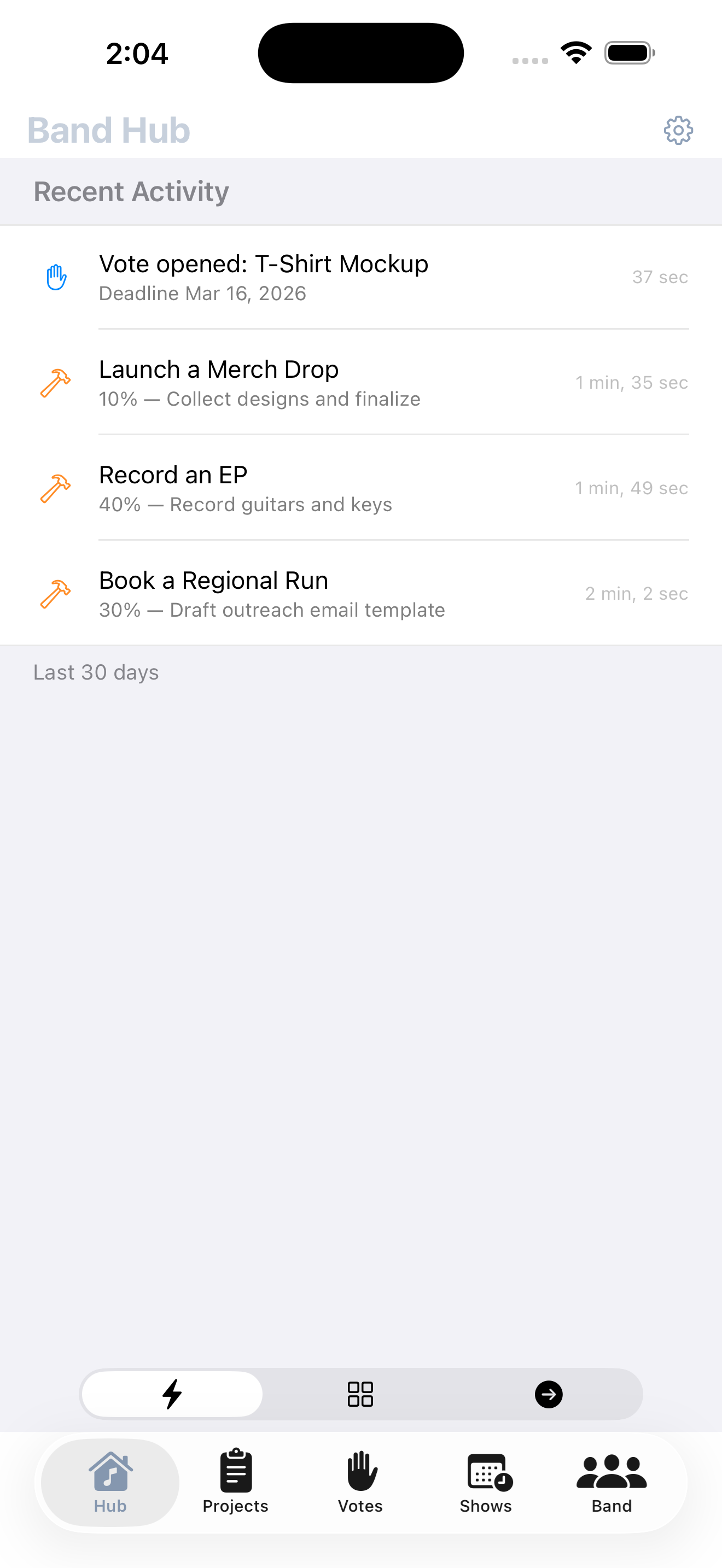 Activity: recent band activity feed