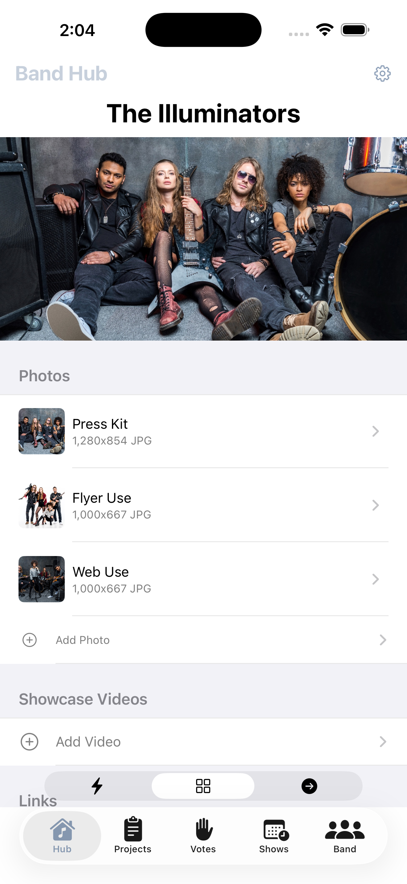 Hub: band photos, bios, and links